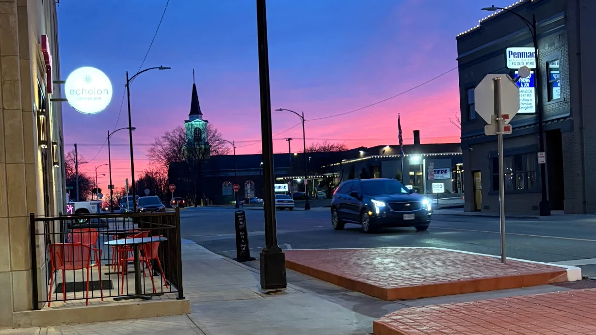 View of the steeple of First Baptist Church from Downtown Springfield